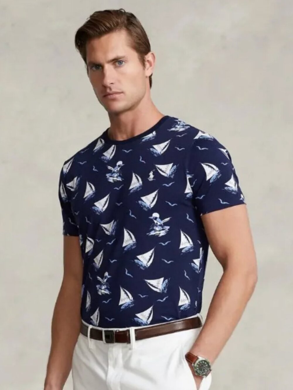 Polo by Ralph Lauren Navy Short-Sleeve Tee with Cream Sailboat Print